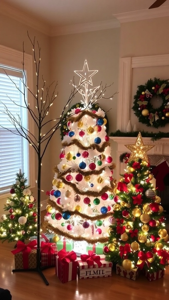 Three creative Christmas tree designs: minimalist branch tree, colorful whimsical tree, and themed red and gold tree in a cozy living room.